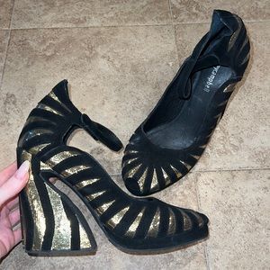 JEFFREY CAMPBELL Gold + Suede Black Peep Toe Heels